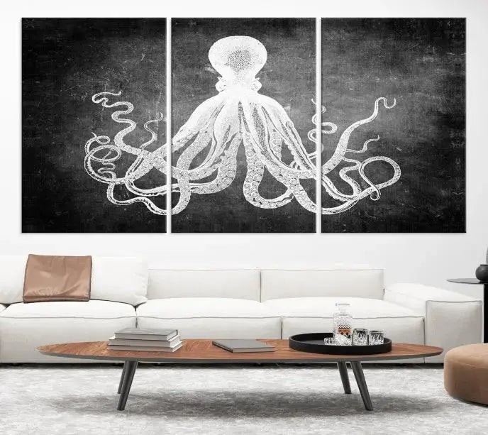 The Black White Octopus Wall Art Canvas Print is a captivating triptych featuring a white octopus against a dark background. Printed on museum-quality canvases, each piece boasts a UV-protective coating to maintain its vibrant elegance in any room.