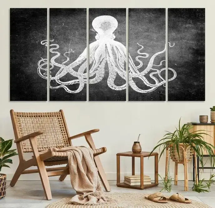 The Black White Octopus Wall Art Canvas Print is a captivating triptych featuring a white octopus against a dark background. Printed on museum-quality canvases, each piece boasts a UV-protective coating to maintain its vibrant elegance in any room.