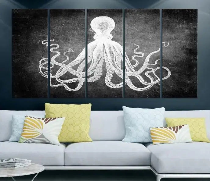 The Black White Octopus Wall Art Canvas Print is a captivating triptych featuring a white octopus against a dark background. Printed on museum-quality canvases, each piece boasts a UV-protective coating to maintain its vibrant elegance in any room.