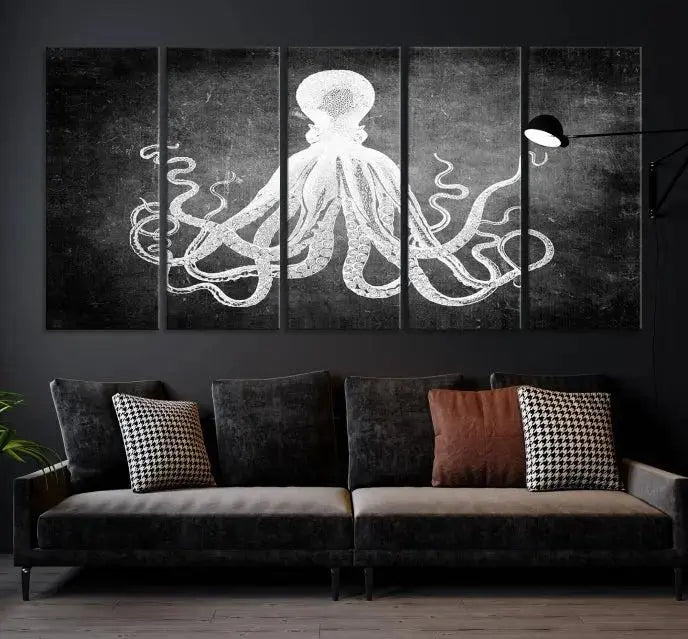 The Black White Octopus Wall Art Canvas Print is a captivating triptych featuring a white octopus against a dark background. Printed on museum-quality canvases, each piece boasts a UV-protective coating to maintain its vibrant elegance in any room.