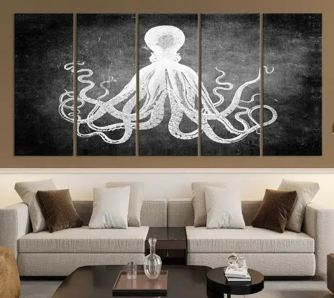 The Black White Octopus Wall Art Canvas Print is a captivating triptych featuring a white octopus against a dark background. Printed on museum-quality canvases, each piece boasts a UV-protective coating to maintain its vibrant elegance in any room.