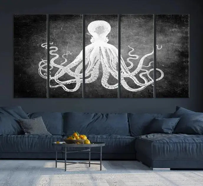 The Black White Octopus Wall Art Canvas Print is a captivating triptych featuring a white octopus against a dark background. Printed on museum-quality canvases, each piece boasts a UV-protective coating to maintain its vibrant elegance in any room.