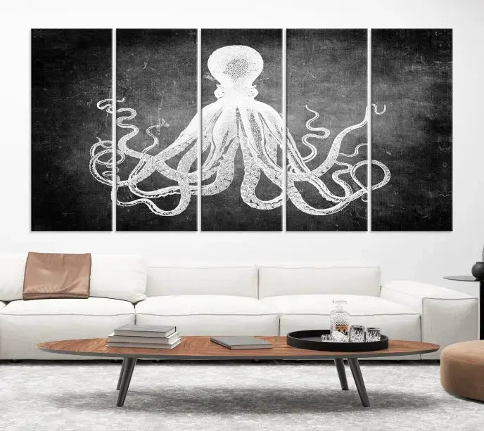 The Black White Octopus Wall Art Canvas Print is a captivating triptych featuring a white octopus against a dark background. Printed on museum-quality canvases, each piece boasts a UV-protective coating to maintain its vibrant elegance in any room.