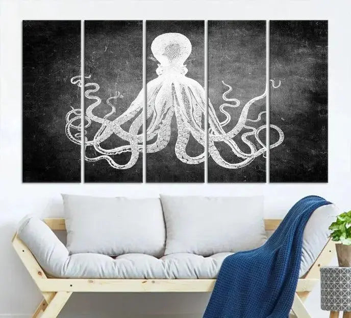 The Black White Octopus Wall Art Canvas Print is a captivating triptych featuring a white octopus against a dark background. Printed on museum-quality canvases, each piece boasts a UV-protective coating to maintain its vibrant elegance in any room.