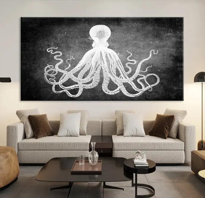 The Black White Octopus Wall Art Canvas Print is a captivating triptych featuring a white octopus against a dark background. Printed on museum-quality canvases, each piece boasts a UV-protective coating to maintain its vibrant elegance in any room.