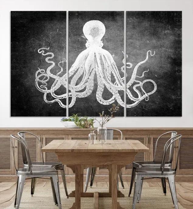 The Black White Octopus Wall Art Canvas Print is a captivating triptych featuring a white octopus against a dark background. Printed on museum-quality canvases, each piece boasts a UV-protective coating to maintain its vibrant elegance in any room.