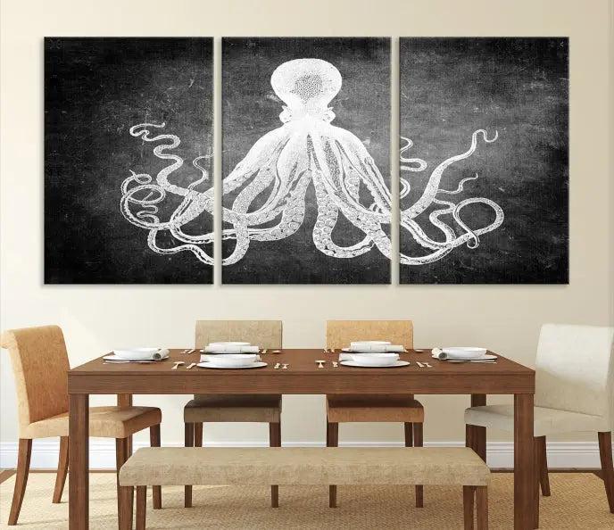 The Black White Octopus Wall Art Canvas Print is a captivating triptych featuring a white octopus against a dark background. Printed on museum-quality canvases, each piece boasts a UV-protective coating to maintain its vibrant elegance in any room.