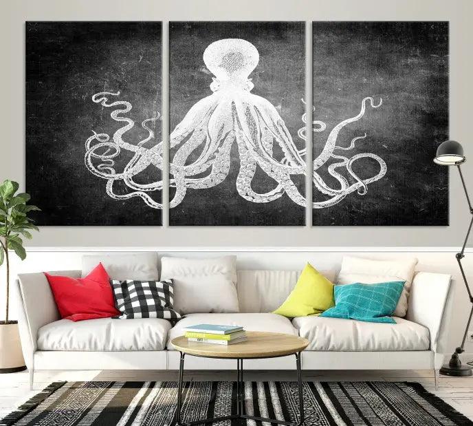 The Black White Octopus Wall Art Canvas Print is a captivating triptych featuring a white octopus against a dark background. Printed on museum-quality canvases, each piece boasts a UV-protective coating to maintain its vibrant elegance in any room.