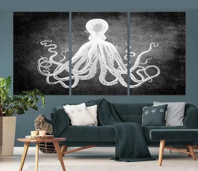 The Black White Octopus Wall Art Canvas Print is a captivating triptych featuring a white octopus against a dark background. Printed on museum-quality canvases, each piece boasts a UV-protective coating to maintain its vibrant elegance in any room.