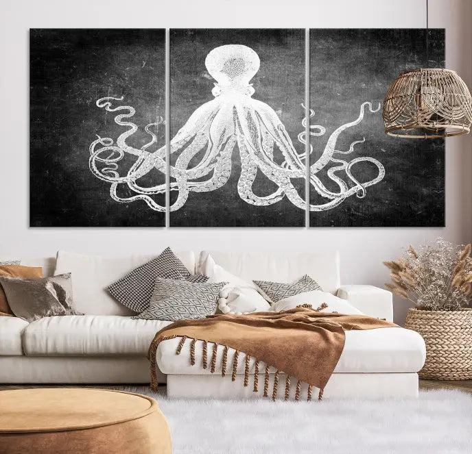 The Black White Octopus Wall Art Canvas Print is a captivating triptych featuring a white octopus against a dark background. Printed on museum-quality canvases, each piece boasts a UV-protective coating to maintain its vibrant elegance in any room.