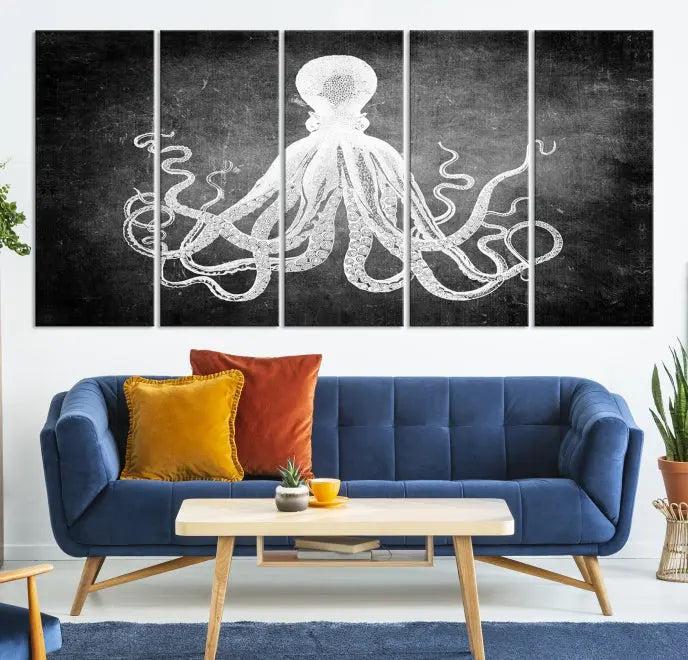 The Black White Octopus Wall Art Canvas Print is a captivating triptych featuring a white octopus against a dark background. Printed on museum-quality canvases, each piece boasts a UV-protective coating to maintain its vibrant elegance in any room.