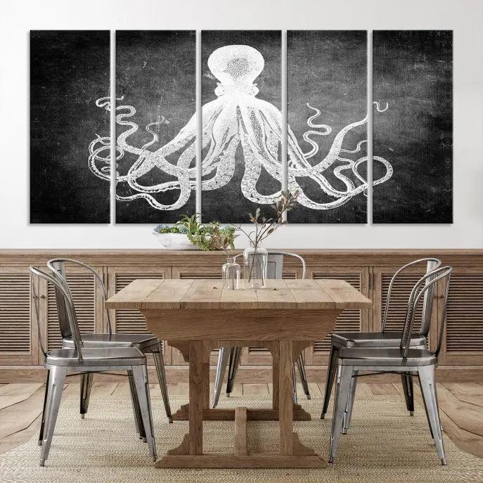 The Black White Octopus Wall Art Canvas Print is a captivating triptych featuring a white octopus against a dark background. Printed on museum-quality canvases, each piece boasts a UV-protective coating to maintain its vibrant elegance in any room.