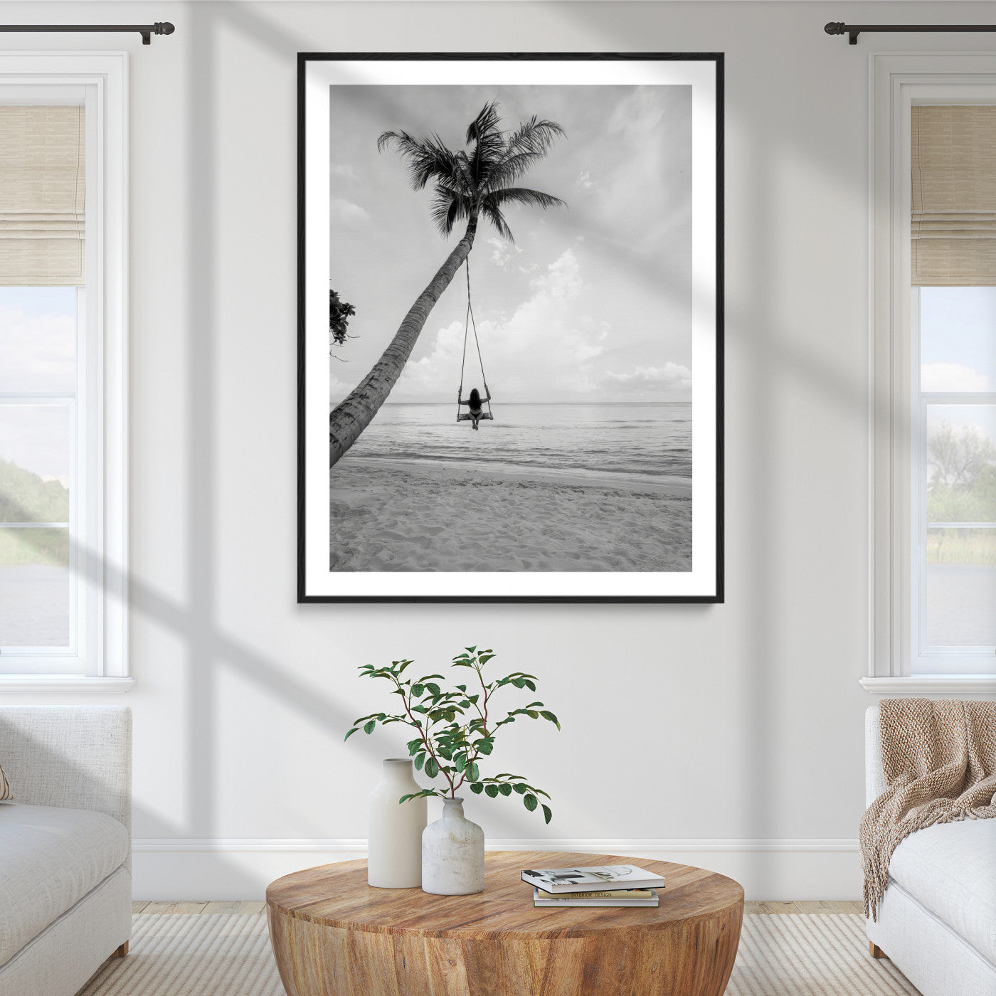 78460277-MGC-FP-36x24_Black-Black White Palm Tree Wall Art Canvas Print, Minimalist Beach Swing Print, Framed Monochrome Coastal Art Print, Large Tropical Ocean