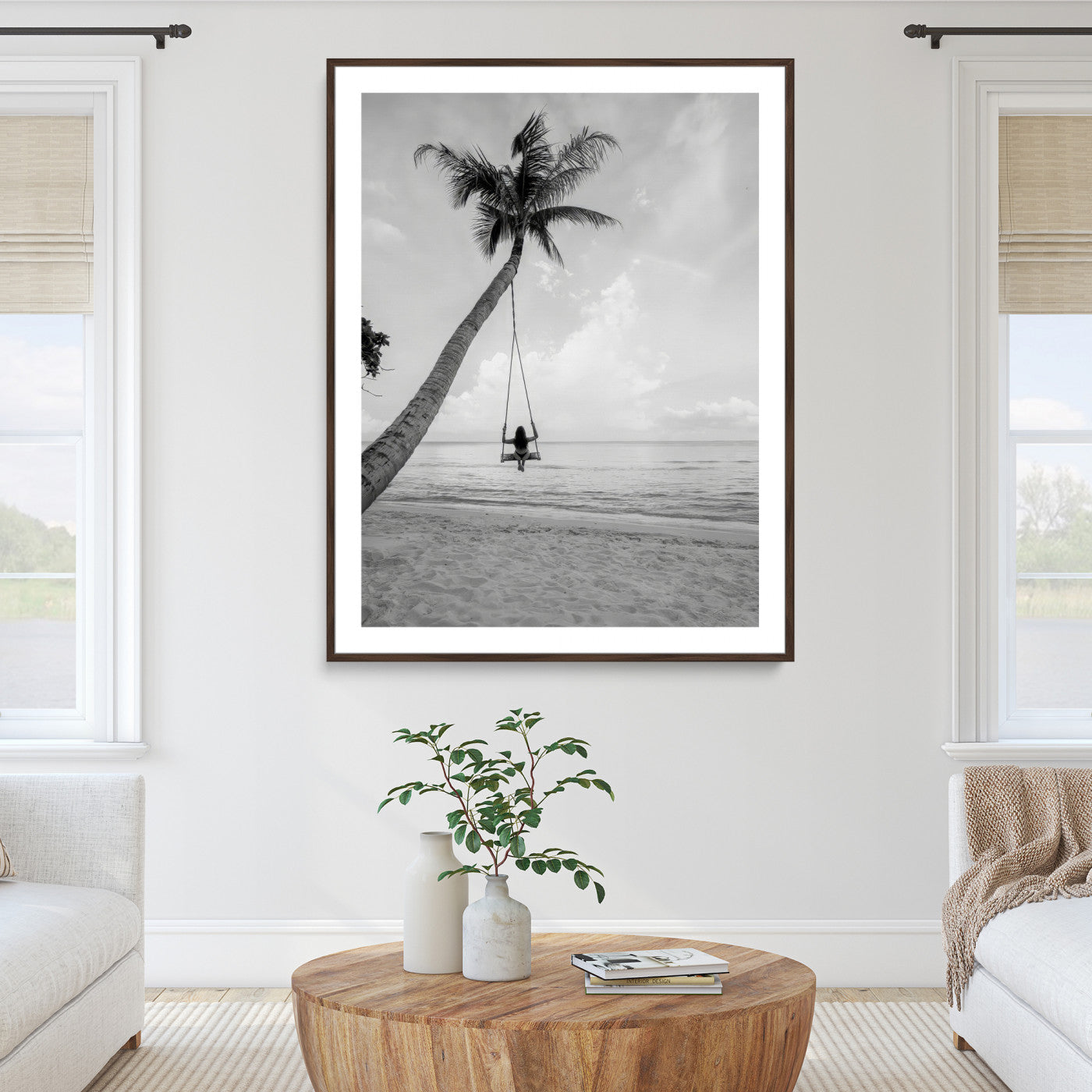 78460277-MGC-FP-36x24_Walnut-Black White Palm Tree Wall Art Canvas Print, Minimalist Beach Swing Print, Framed Monochrome Coastal Art Print, Large Tropical Ocean