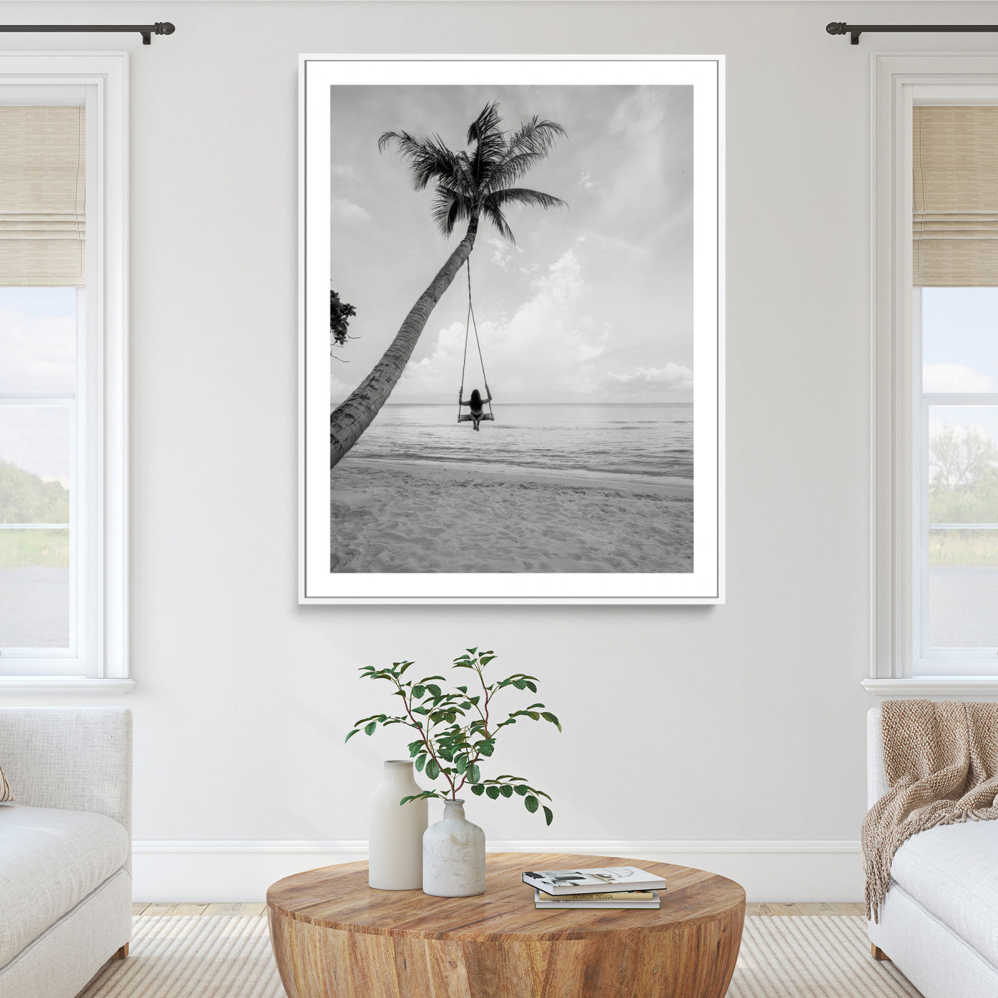 78460277-MGC-FP-36x24_White-Black White Palm Tree Wall Art Canvas Print, Minimalist Beach Swing Print, Framed Monochrome Coastal Art Print, Large Tropical Ocean
