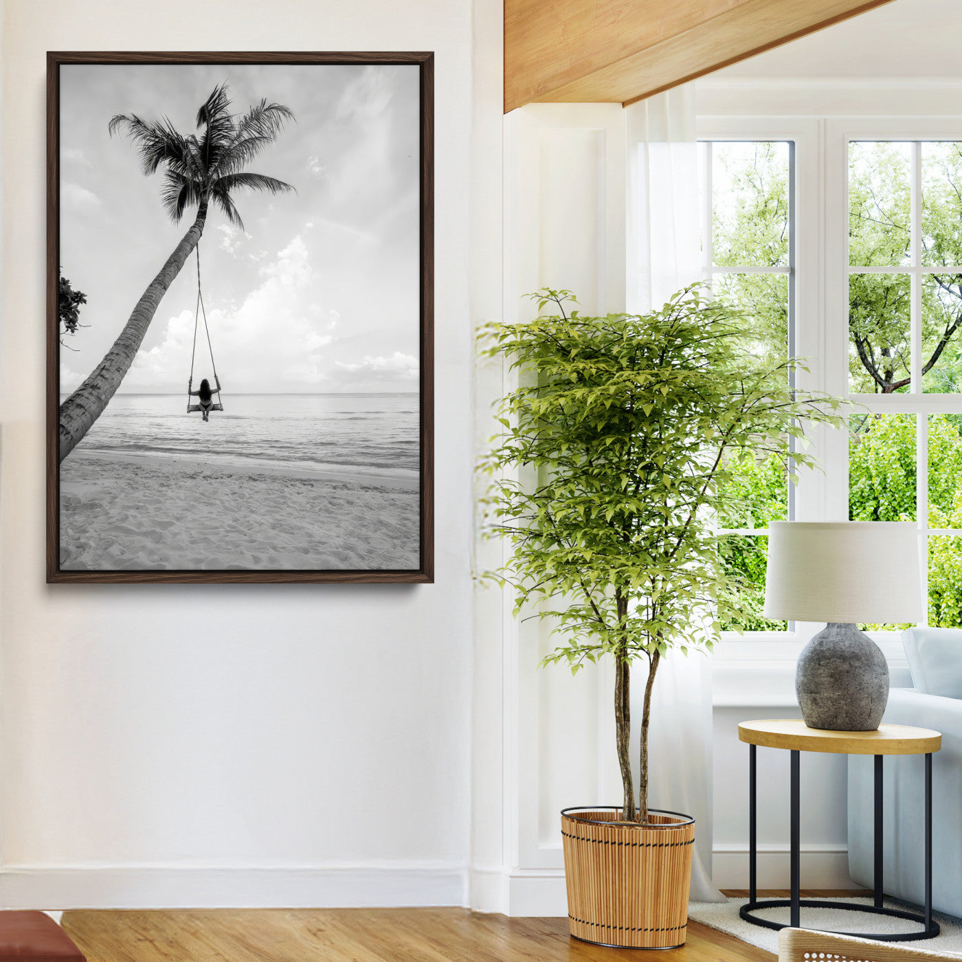 78460277-MGV-CV-36X24-Black White Palm Tree Wall Art Canvas Print, Minimalist Beach Swing Print, Framed Monochrome Coastal Art Print, Large Tropical Ocean