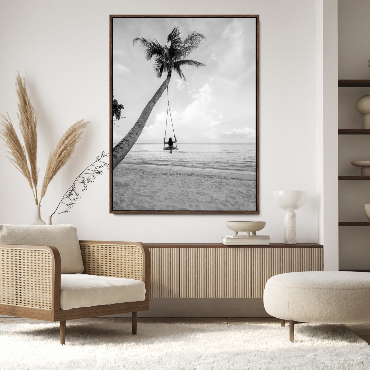 78460277-MGV-CV-36X24-Black White Palm Tree Wall Art Canvas Print, Minimalist Beach Swing Print, Framed Monochrome Coastal Art Print, Large Tropical Ocean