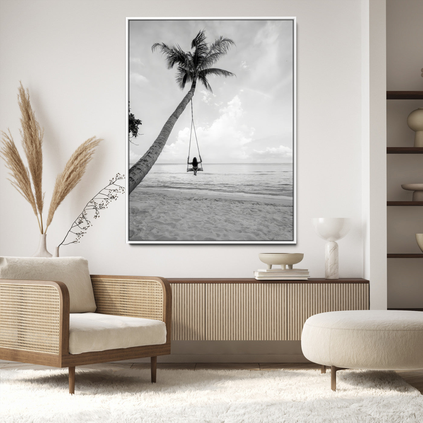78460277-MGV-CV-36X24-Black White Palm Tree Wall Art Canvas Print, Minimalist Beach Swing Print, Framed Monochrome Coastal Art Print, Large Tropical Ocean