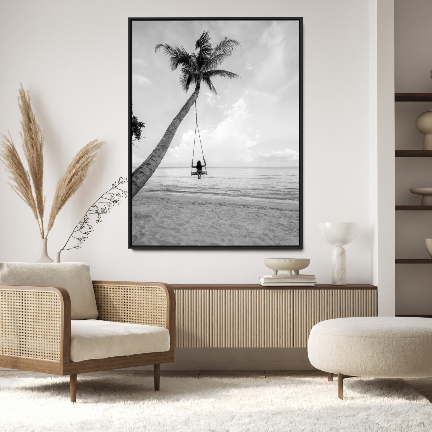 78460277-MGV-FC-36X24_Black-Black White Palm Tree Wall Art Canvas Print, Minimalist Beach Swing Print, Framed Monochrome Coastal Art Print, Large Tropical Ocean