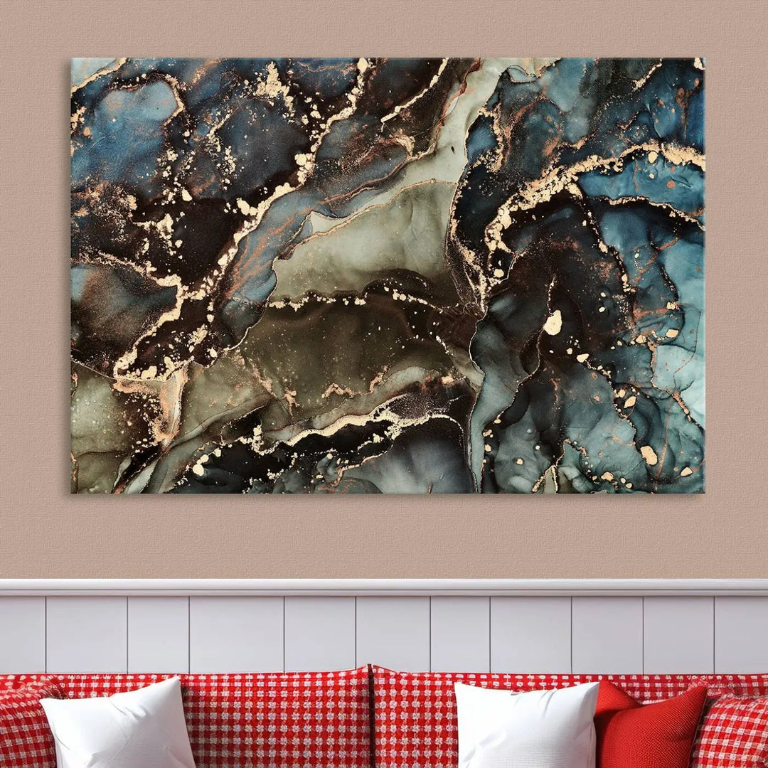 The "Black and Blue Marble Fluid Effect Wall Art Abstract Canvas Wall Art Print" in museum-quality finishes features blue, green, and gold tones.