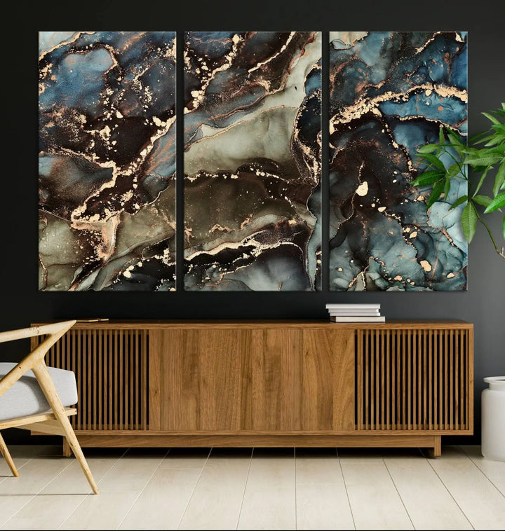 The "Black and Blue Marble Fluid Effect Wall Art Abstract Canvas Wall Art Print" in museum-quality finishes features blue, green, and gold tones.