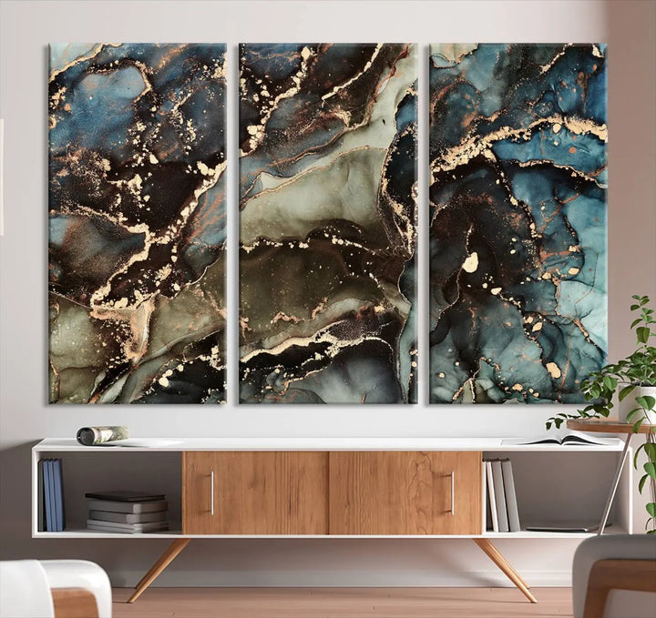 The "Black and Blue Marble Fluid Effect Wall Art Abstract Canvas Wall Art Print" in museum-quality finishes features blue, green, and gold tones.