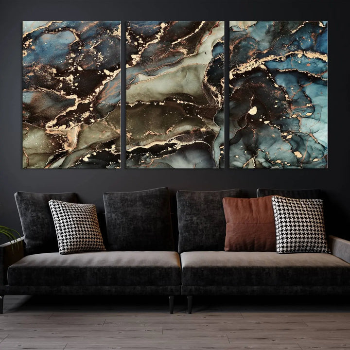 The "Black and Blue Marble Fluid Effect Wall Art Abstract Canvas Wall Art Print" in museum-quality finishes features blue, green, and gold tones.