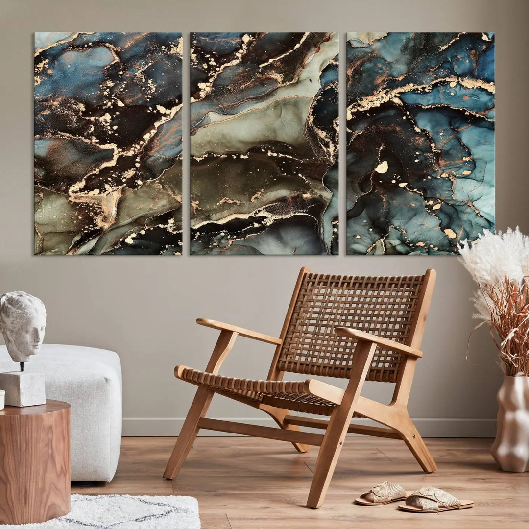 The "Black and Blue Marble Fluid Effect Wall Art Abstract Canvas Wall Art Print" in museum-quality finishes features blue, green, and gold tones.