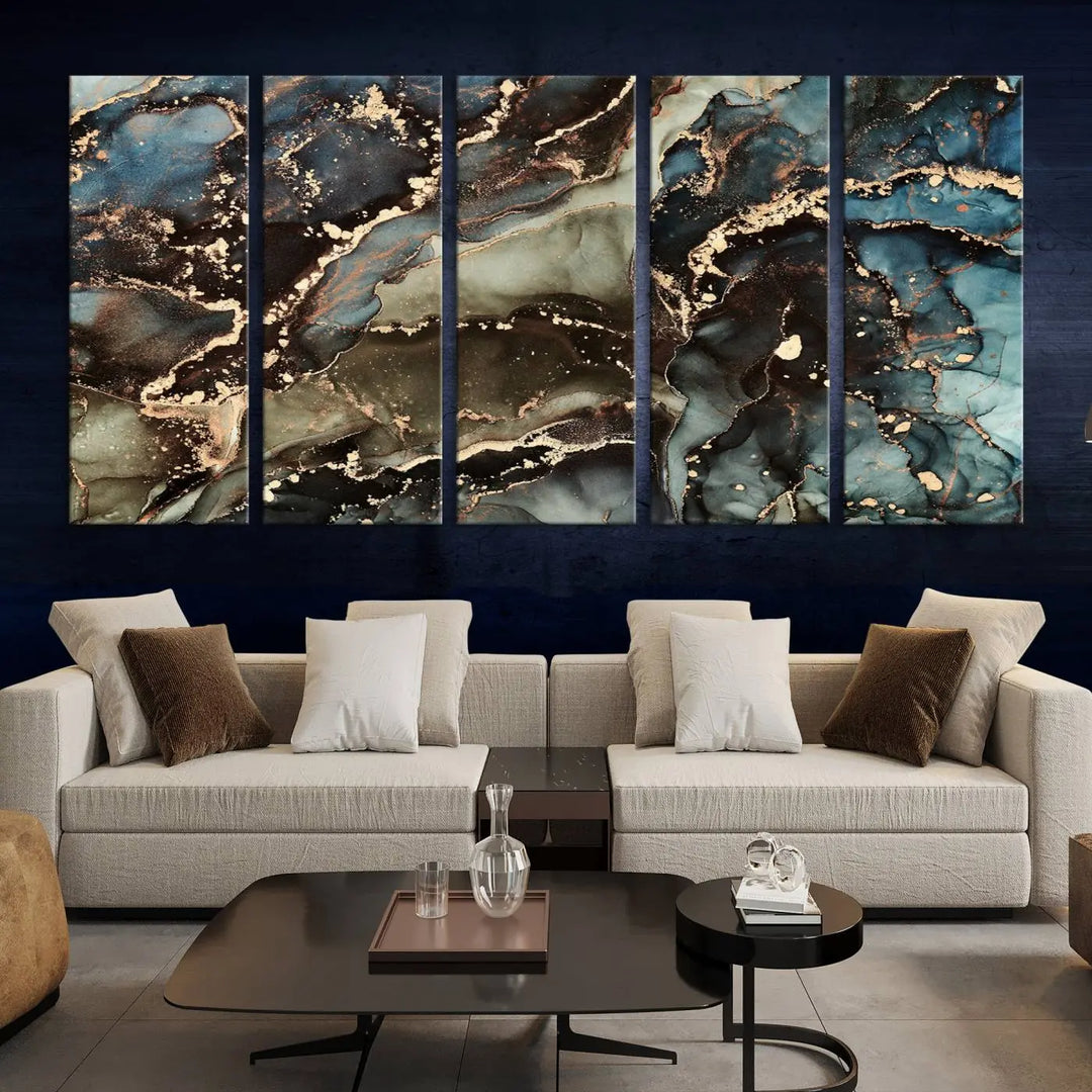 The "Black and Blue Marble Fluid Effect Wall Art Abstract Canvas Wall Art Print" in museum-quality finishes features blue, green, and gold tones.