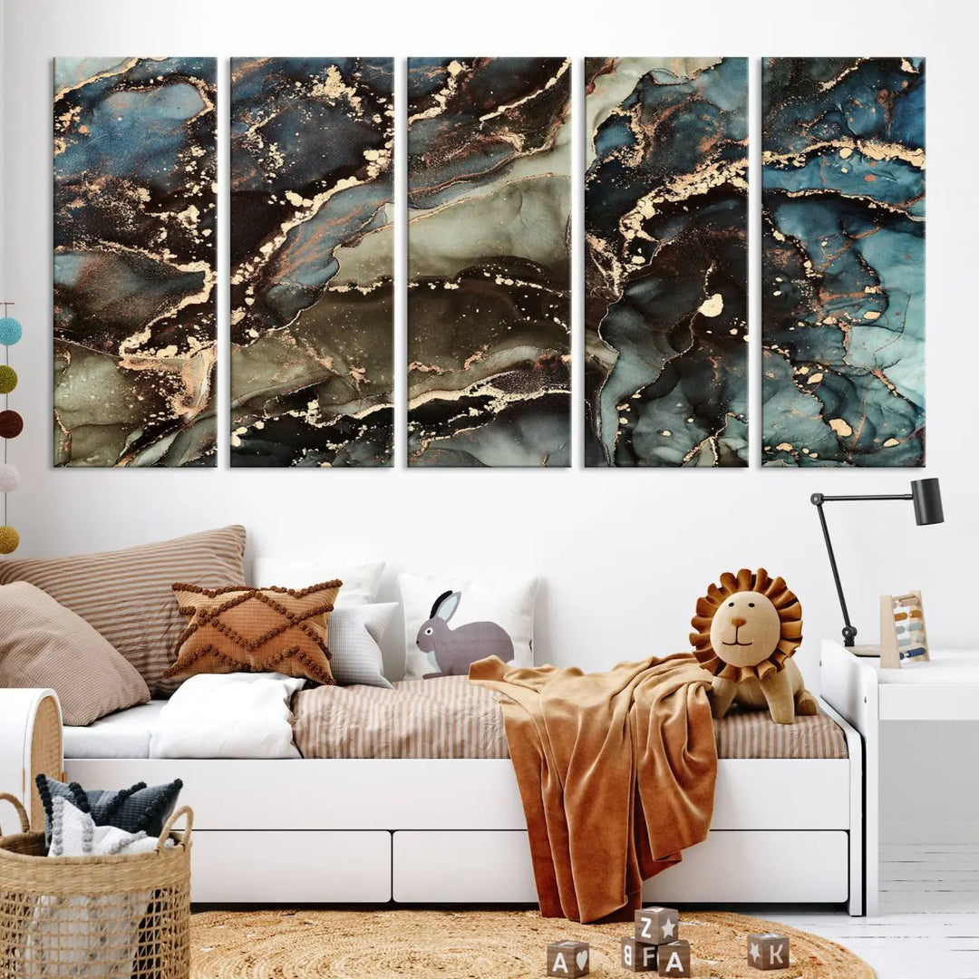 The "Black and Blue Marble Fluid Effect Wall Art Abstract Canvas Wall Art Print" in museum-quality finishes features blue, green, and gold tones.