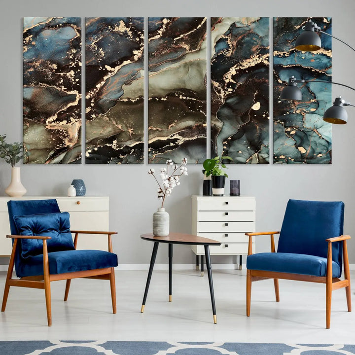 The "Black and Blue Marble Fluid Effect Wall Art Abstract Canvas Wall Art Print" in museum-quality finishes features blue, green, and gold tones.