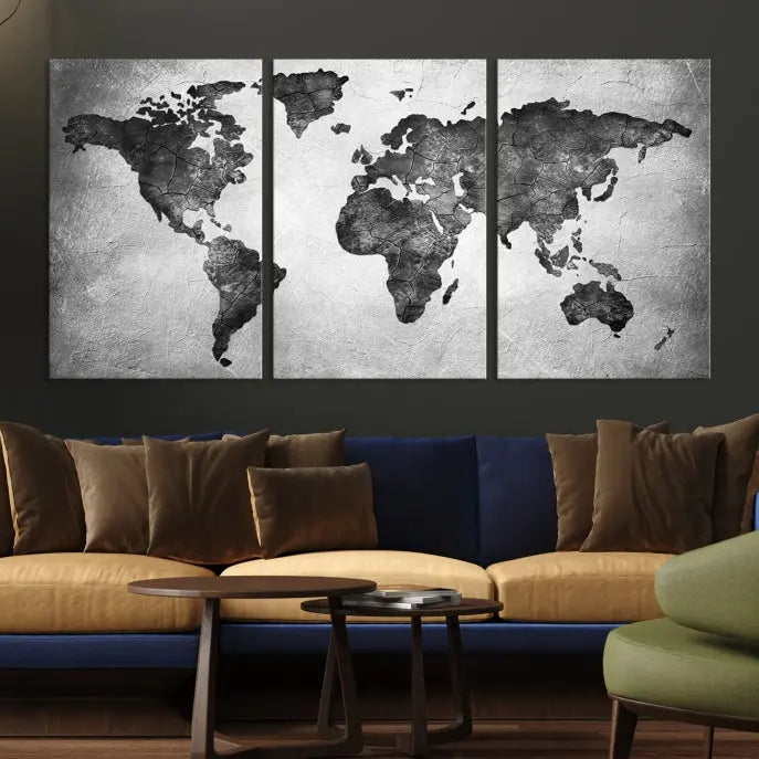 A Black and Gray World Map Canvas Wall Art Print, created on museum-quality canvas with UV-protective coating, hangs prominently.