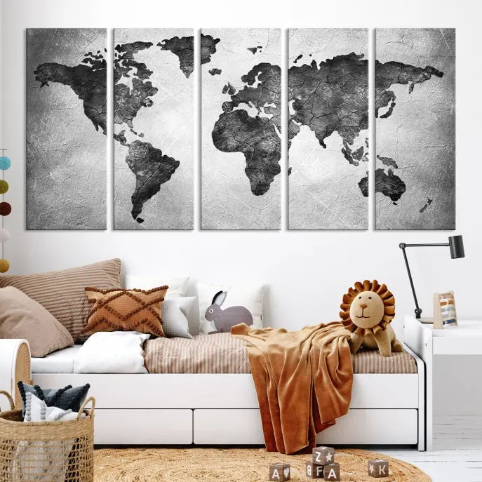 A Black and Gray World Map Canvas Wall Art Print, created on museum-quality canvas with UV-protective coating, hangs prominently.