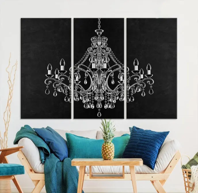 A set of "Black and White Chandelier" canvas prints adorns the wall. Crafted on museum-quality canvas, each piece is finished with satin varnish, adding an elegant touch.