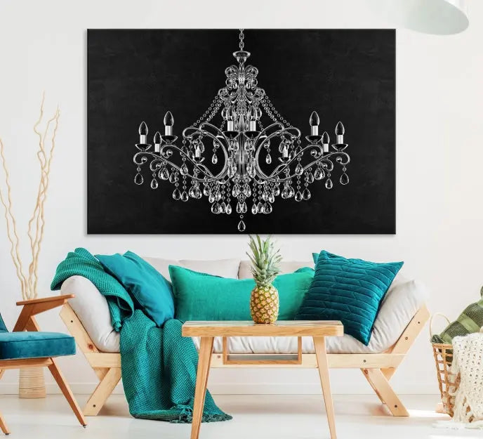 A set of "Black and White Chandelier" canvas prints adorns the wall. Crafted on museum-quality canvas, each piece is finished with satin varnish, adding an elegant touch.