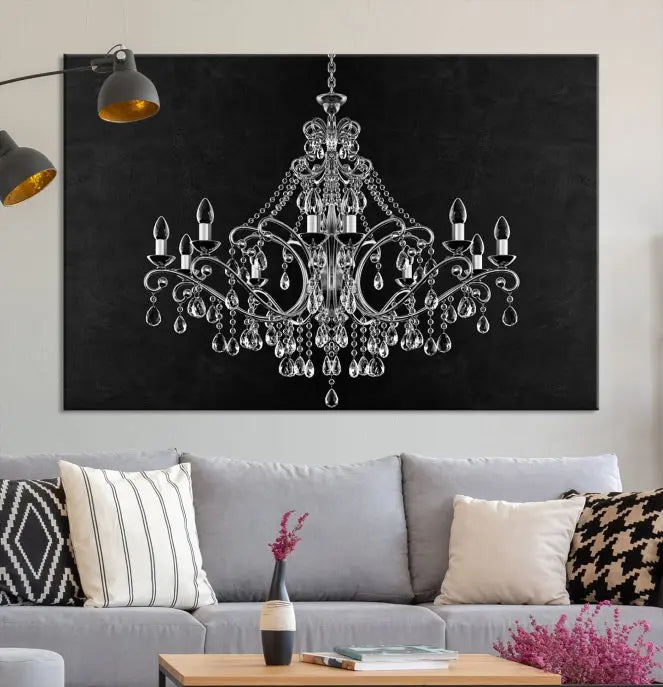 A set of "Black and White Chandelier" canvas prints adorns the wall. Crafted on museum-quality canvas, each piece is finished with satin varnish, adding an elegant touch.