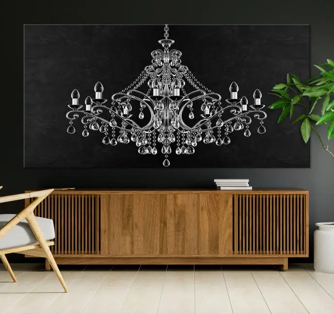 A set of "Black and White Chandelier" canvas prints adorns the wall. Crafted on museum-quality canvas, each piece is finished with satin varnish, adding an elegant touch.