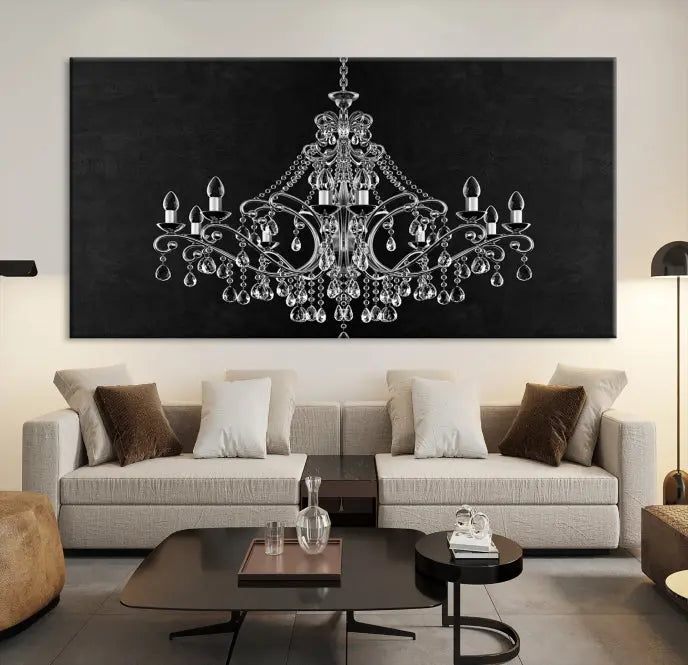 A set of "Black and White Chandelier" canvas prints adorns the wall. Crafted on museum-quality canvas, each piece is finished with satin varnish, adding an elegant touch.