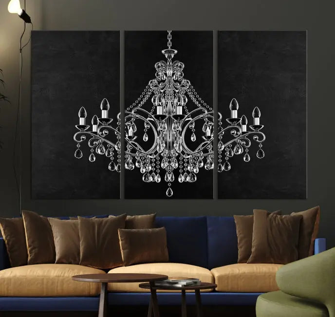 A set of "Black and White Chandelier" canvas prints adorns the wall. Crafted on museum-quality canvas, each piece is finished with satin varnish, adding an elegant touch.