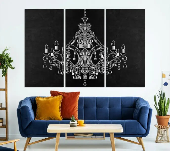 A set of "Black and White Chandelier" canvas prints adorns the wall. Crafted on museum-quality canvas, each piece is finished with satin varnish, adding an elegant touch.