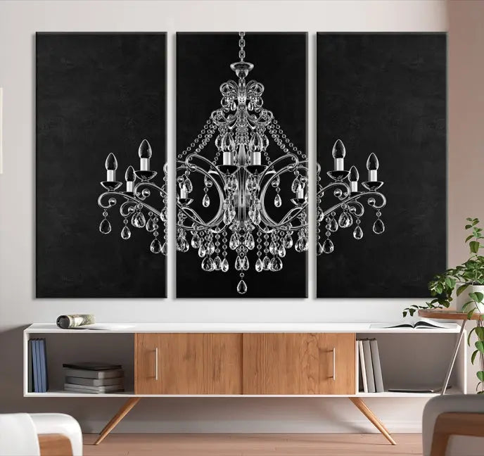 A set of "Black and White Chandelier" canvas prints adorns the wall. Crafted on museum-quality canvas, each piece is finished with satin varnish, adding an elegant touch.