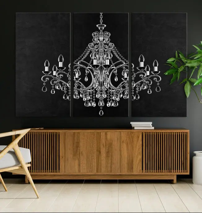 A set of "Black and White Chandelier" canvas prints adorns the wall. Crafted on museum-quality canvas, each piece is finished with satin varnish, adding an elegant touch.