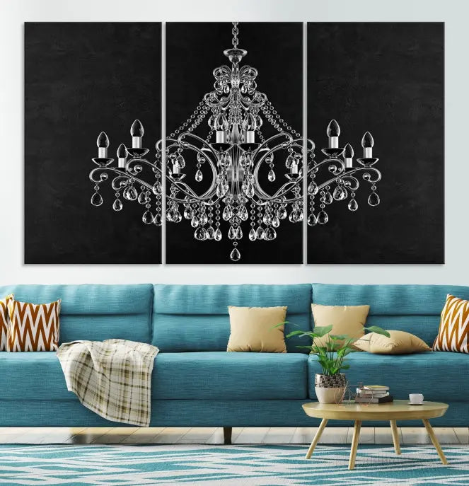 A set of "Black and White Chandelier" canvas prints adorns the wall. Crafted on museum-quality canvas, each piece is finished with satin varnish, adding an elegant touch.