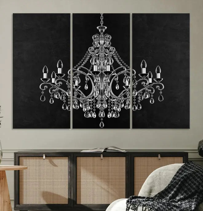 A set of "Black and White Chandelier" canvas prints adorns the wall. Crafted on museum-quality canvas, each piece is finished with satin varnish, adding an elegant touch.