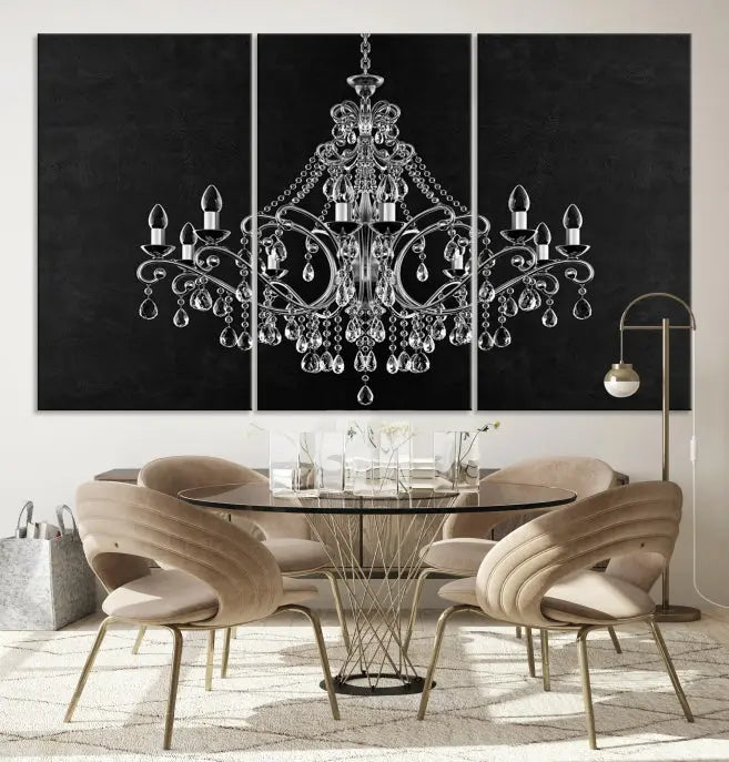 A set of "Black and White Chandelier" canvas prints adorns the wall. Crafted on museum-quality canvas, each piece is finished with satin varnish, adding an elegant touch.