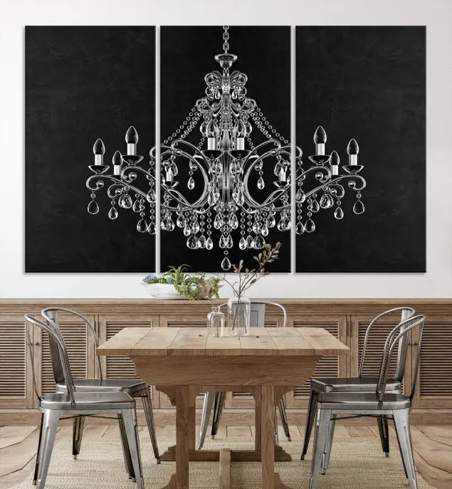 A set of "Black and White Chandelier" canvas prints adorns the wall. Crafted on museum-quality canvas, each piece is finished with satin varnish, adding an elegant touch.