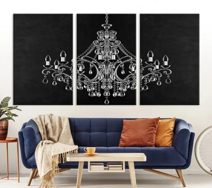 A set of "Black and White Chandelier" canvas prints adorns the wall. Crafted on museum-quality canvas, each piece is finished with satin varnish, adding an elegant touch.