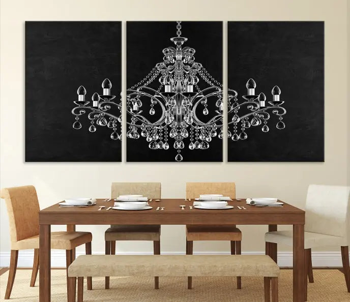 A set of "Black and White Chandelier" canvas prints adorns the wall. Crafted on museum-quality canvas, each piece is finished with satin varnish, adding an elegant touch.