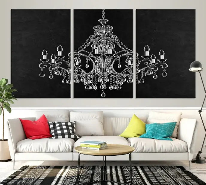 A set of "Black and White Chandelier" canvas prints adorns the wall. Crafted on museum-quality canvas, each piece is finished with satin varnish, adding an elegant touch.