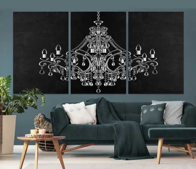 A set of "Black and White Chandelier" canvas prints adorns the wall. Crafted on museum-quality canvas, each piece is finished with satin varnish, adding an elegant touch.